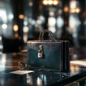  A sleek, high-end leather briefcase with a heavy padlock securing it shut, symbolizing power, money, and negotiations.