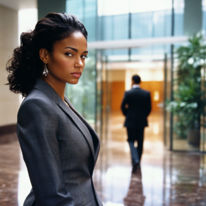 dejected saleswoman wearing a chic suit, watching as potential client walks away